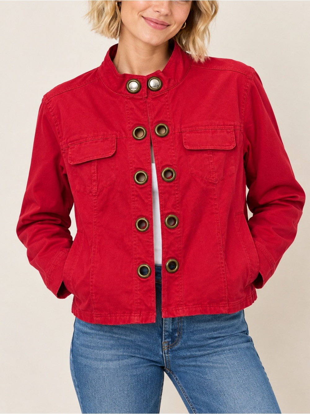 TRIA Red Eyelet Front Hidden Eye-hook Closure Jacket